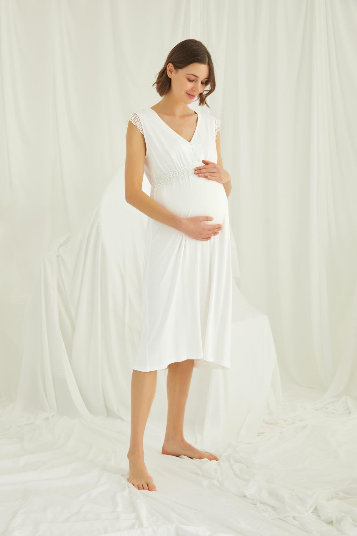 Shopymommy 18450 Lace V-Neck Maternity & Nursing Nightgown Ecru