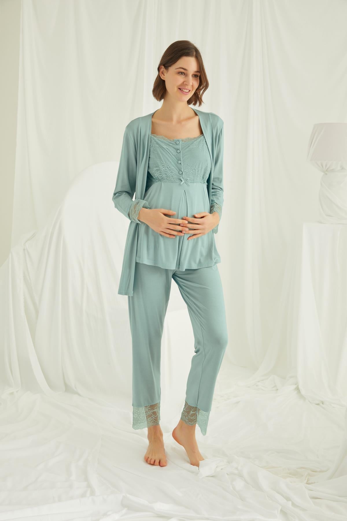 Shopymommy 18468 Lace 3-Pieces Maternity & Nursing Pajamas With Robe Green