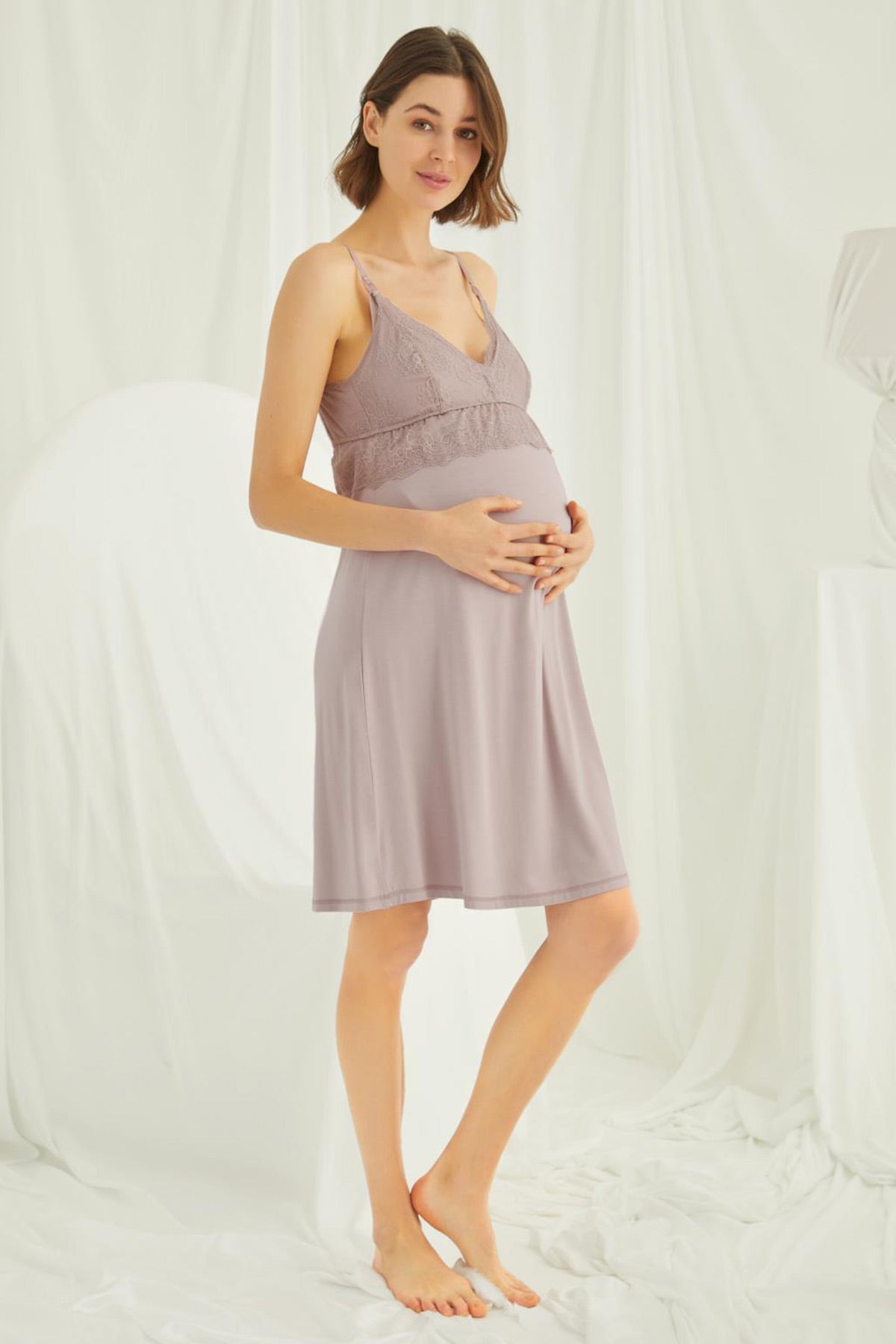 Shopymommy 18490 Lace Strappy Maternity & Nursing Nightgown Coffee