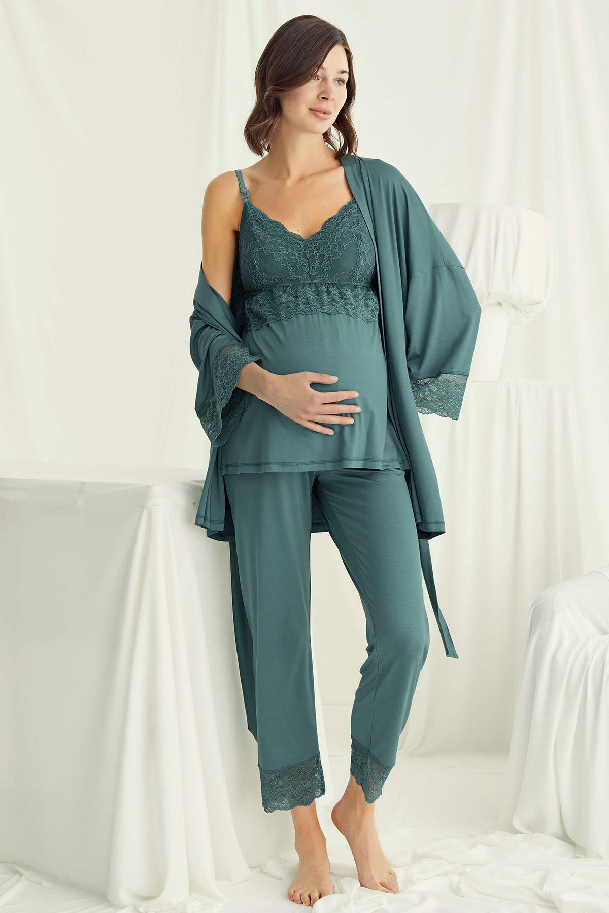 Shopymommy 18523 Lace Strappy 3-Pieces Maternity & Nursing Pajamas With Robe Green