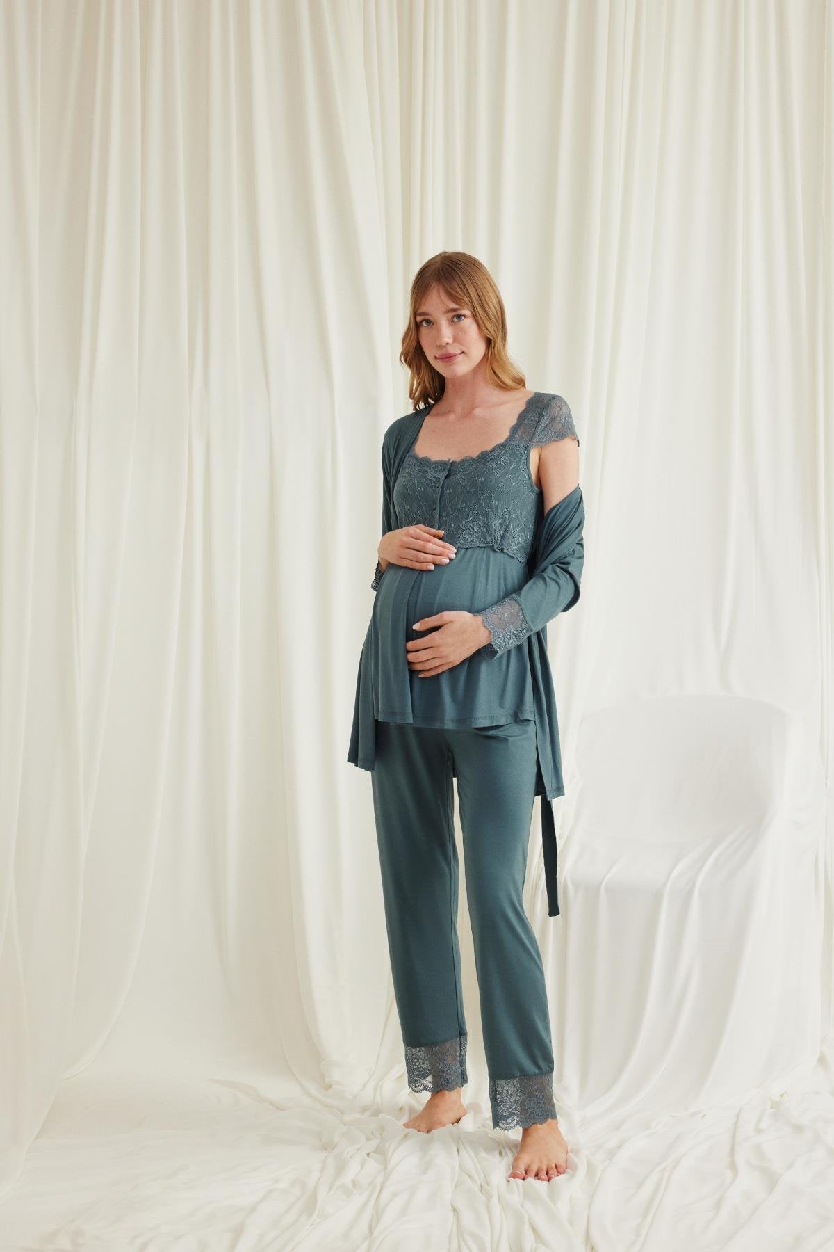 Shopymommy 18535 Lace 3-Pieces Maternity & Nursing Pajamas With Robe Green