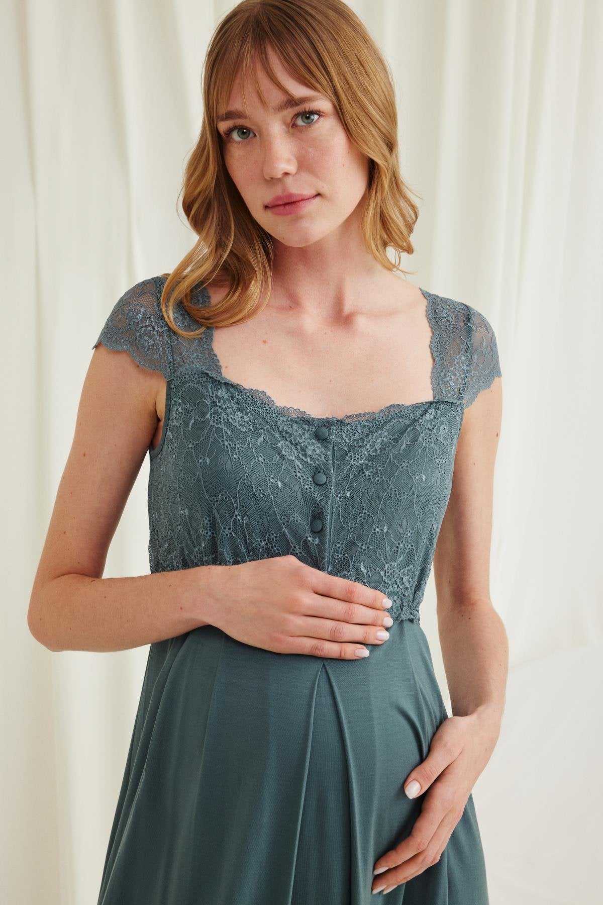 Shopymommy 18536 Lace Maternity & Nursing Nightgown Green