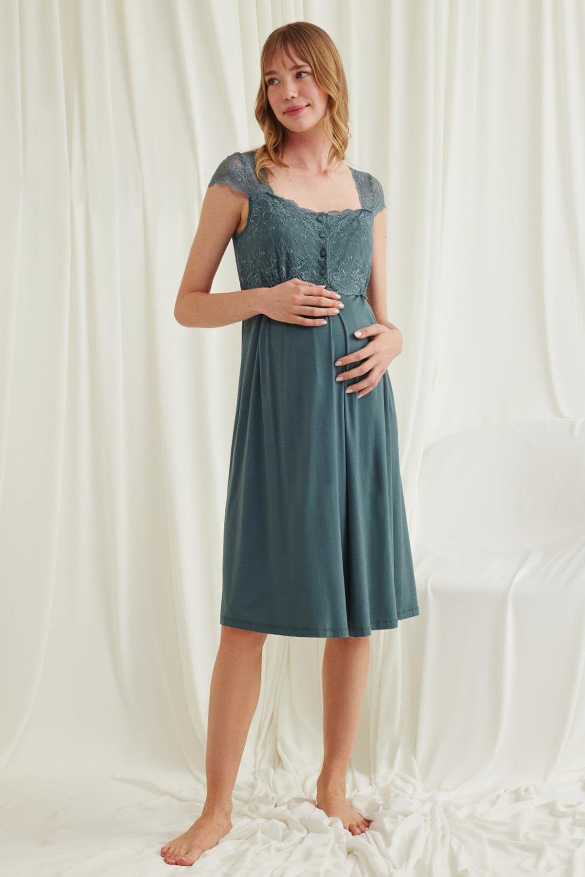 Shopymommy 18536 Lace Maternity & Nursing Nightgown Green