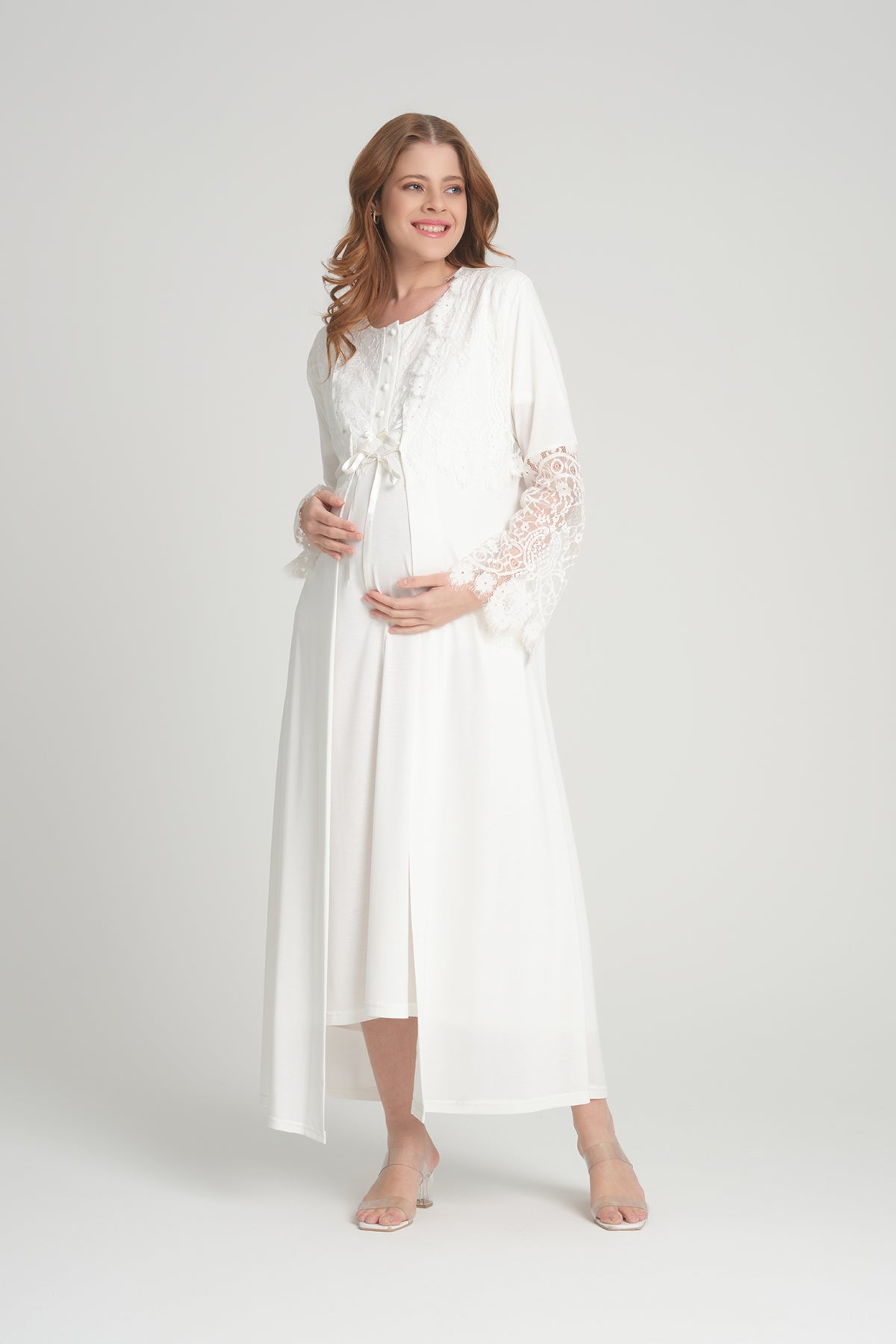Shopymommy 202 Maternity & Nursing Nightgown With Lace Sleeve Robe Ecru