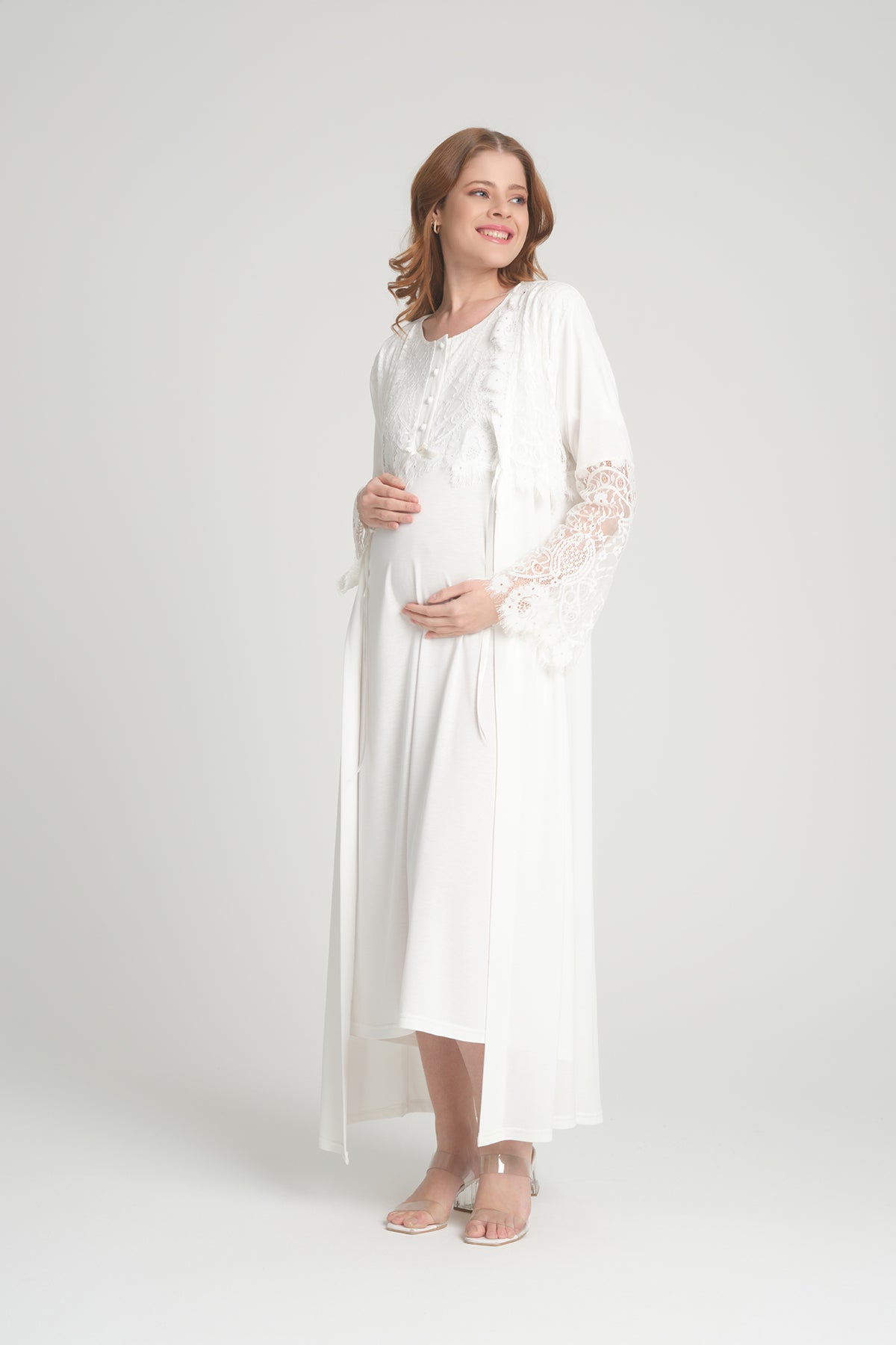 Shopymommy 202 Maternity & Nursing Nightgown With Lace Sleeve Robe Ecru