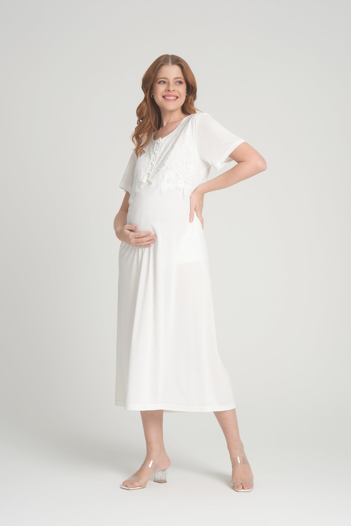 Shopymommy 202 Maternity & Nursing Nightgown With Lace Sleeve Robe Ecru