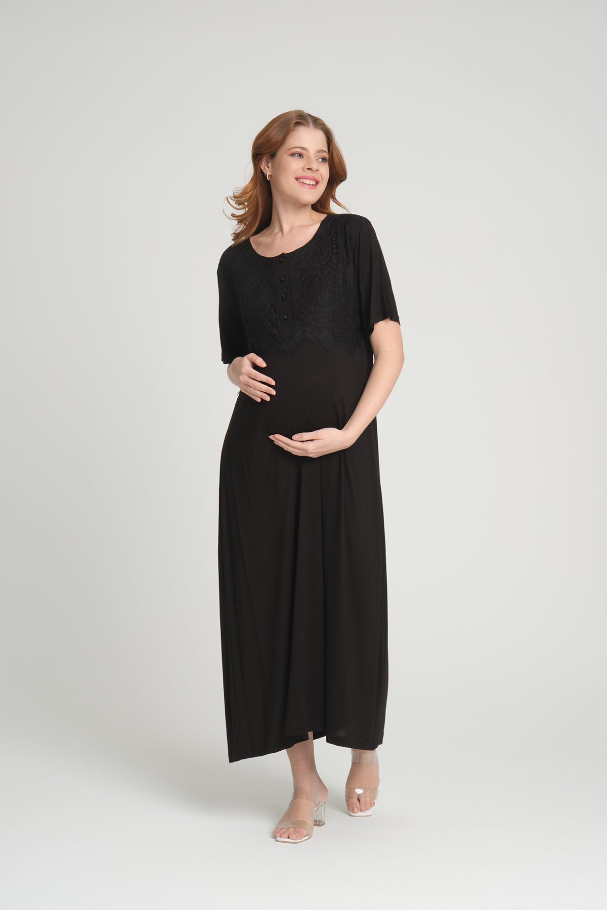 Shopymommy 202 Maternity & Nursing Nightgown With Lace Sleeve Robe Black