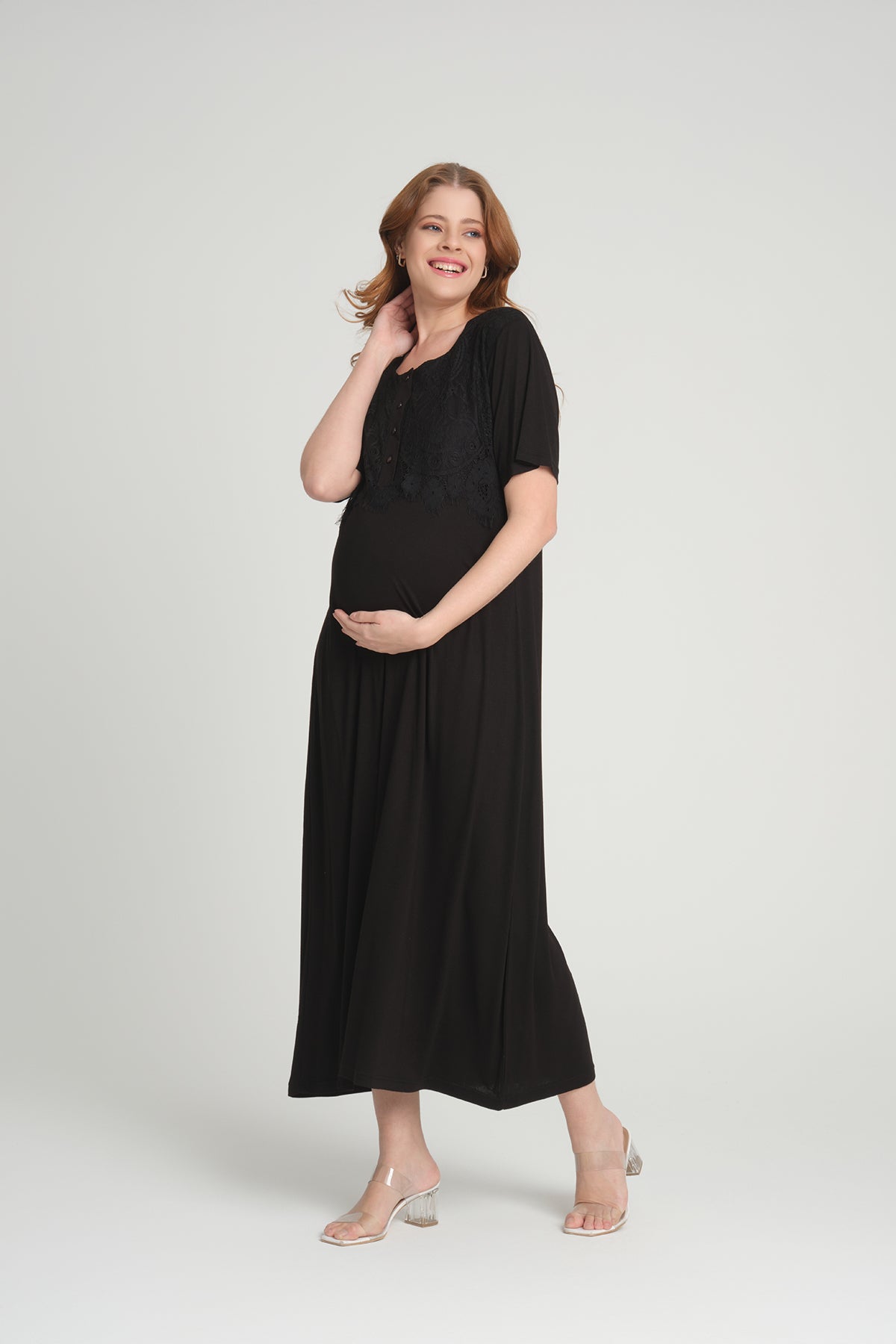 Shopymommy 202 Maternity & Nursing Nightgown With Lace Sleeve Robe Black