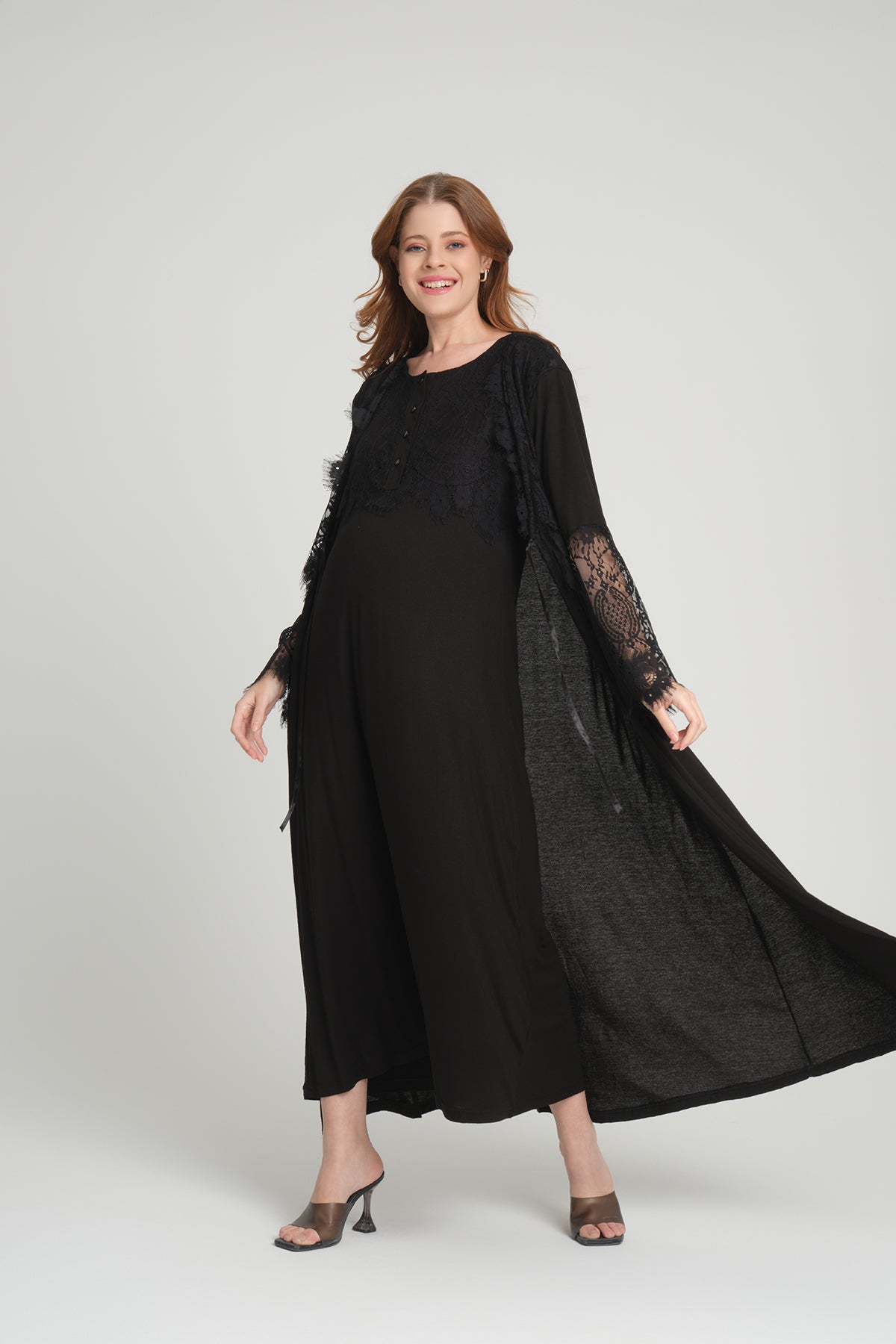 Shopymommy 202 Maternity & Nursing Nightgown With Lace Sleeve Robe Black