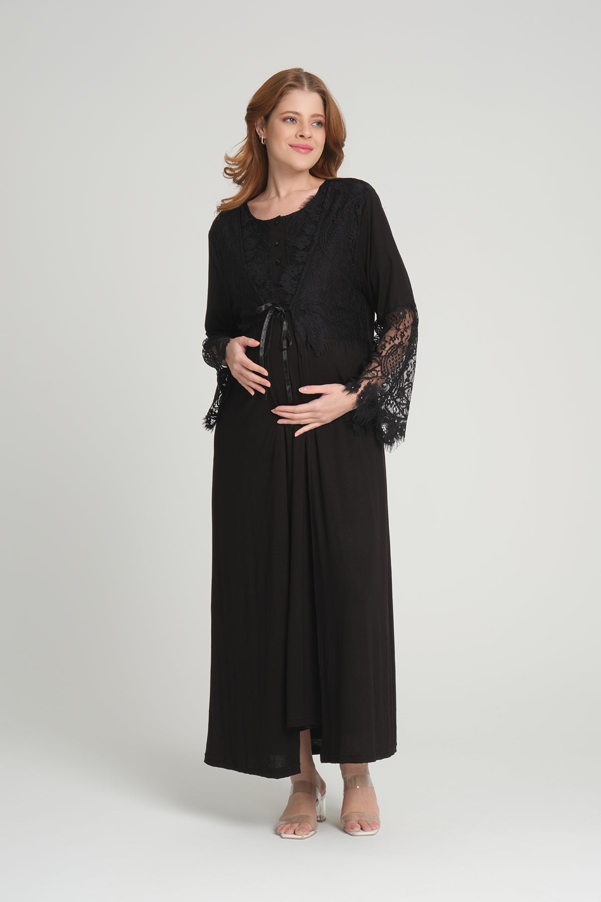 Shopymommy 202 Maternity & Nursing Nightgown With Lace Sleeve Robe Black
