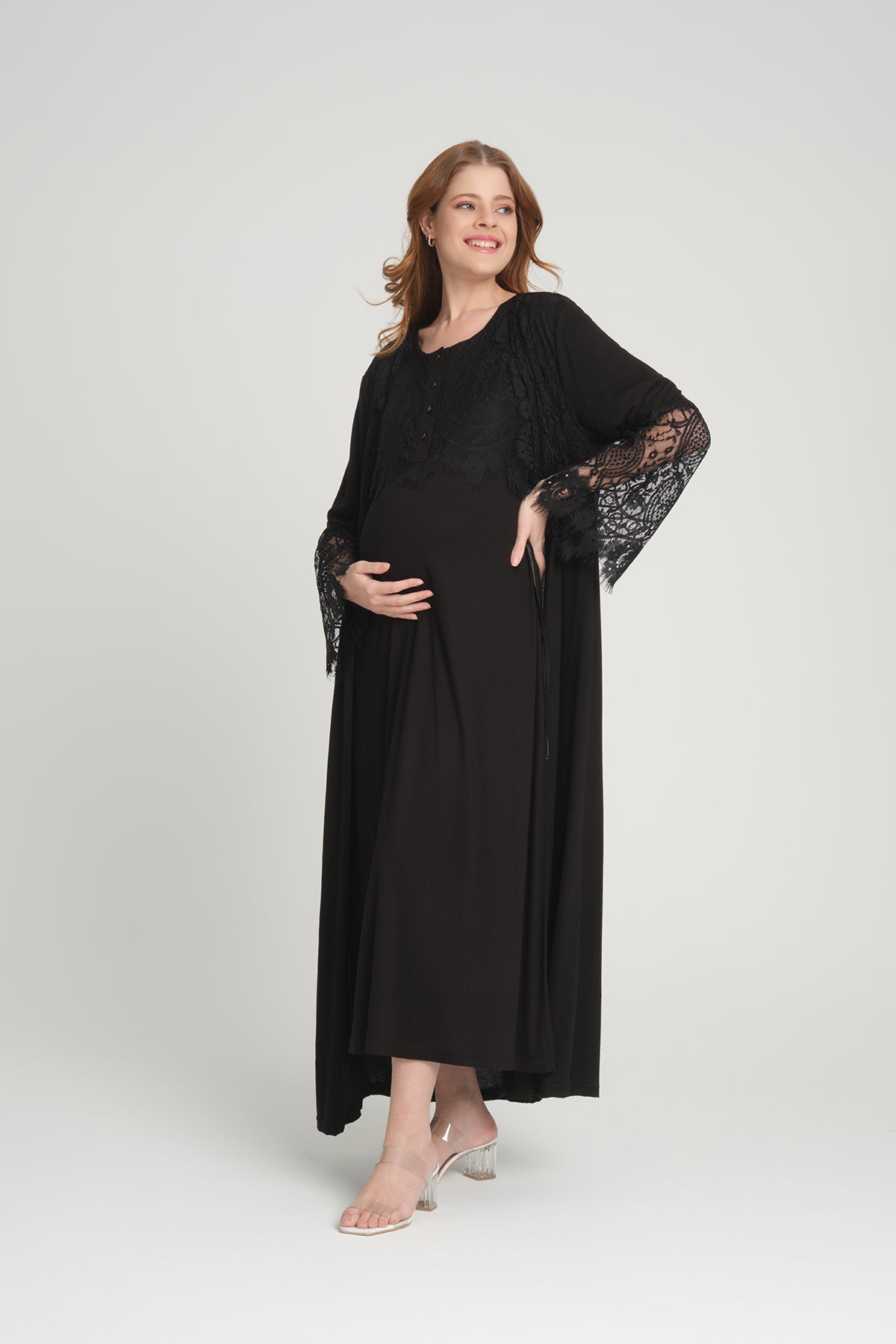 Shopymommy 202 Maternity & Nursing Nightgown With Lace Sleeve Robe Black