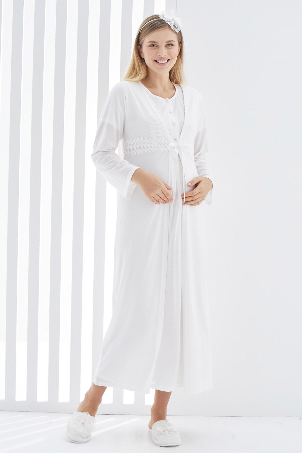 Shopymommy 2264 Guipure Maternity & Nursing Nightgown With Robe Ecru