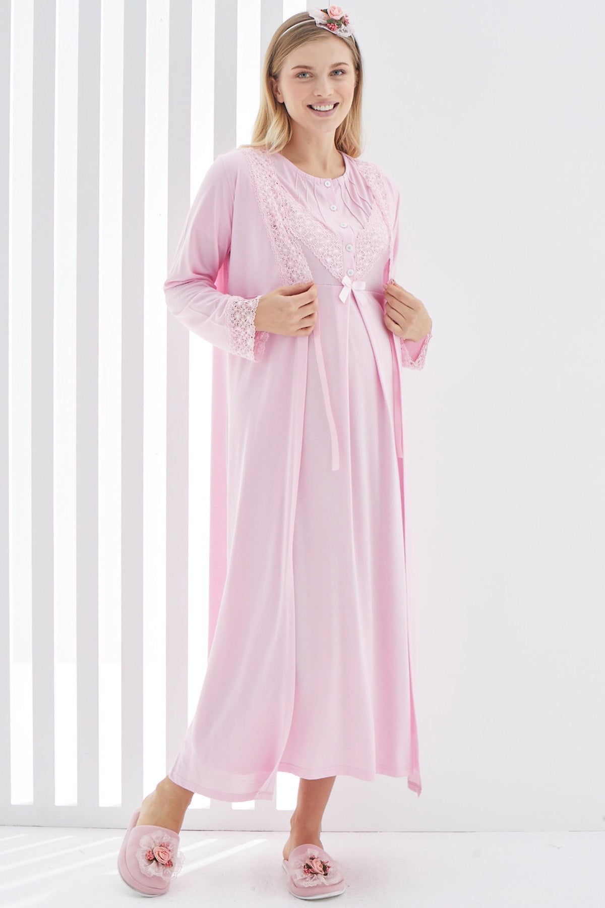 Shopymommy 2270 Lace Detailed Maternity & Nursing Nightgown With Robe Pink