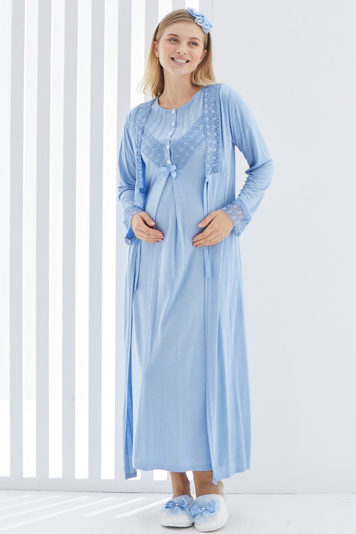Shopymommy 2270 Lace Detailed Maternity & Nursing Nightgown With Robe Blue