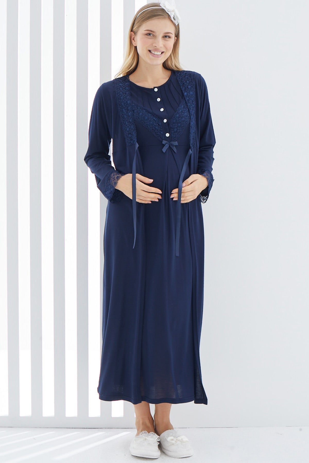 Shopymommy 2270 Lace Detailed Maternity & Nursing Nightgown With Robe Navy Blue