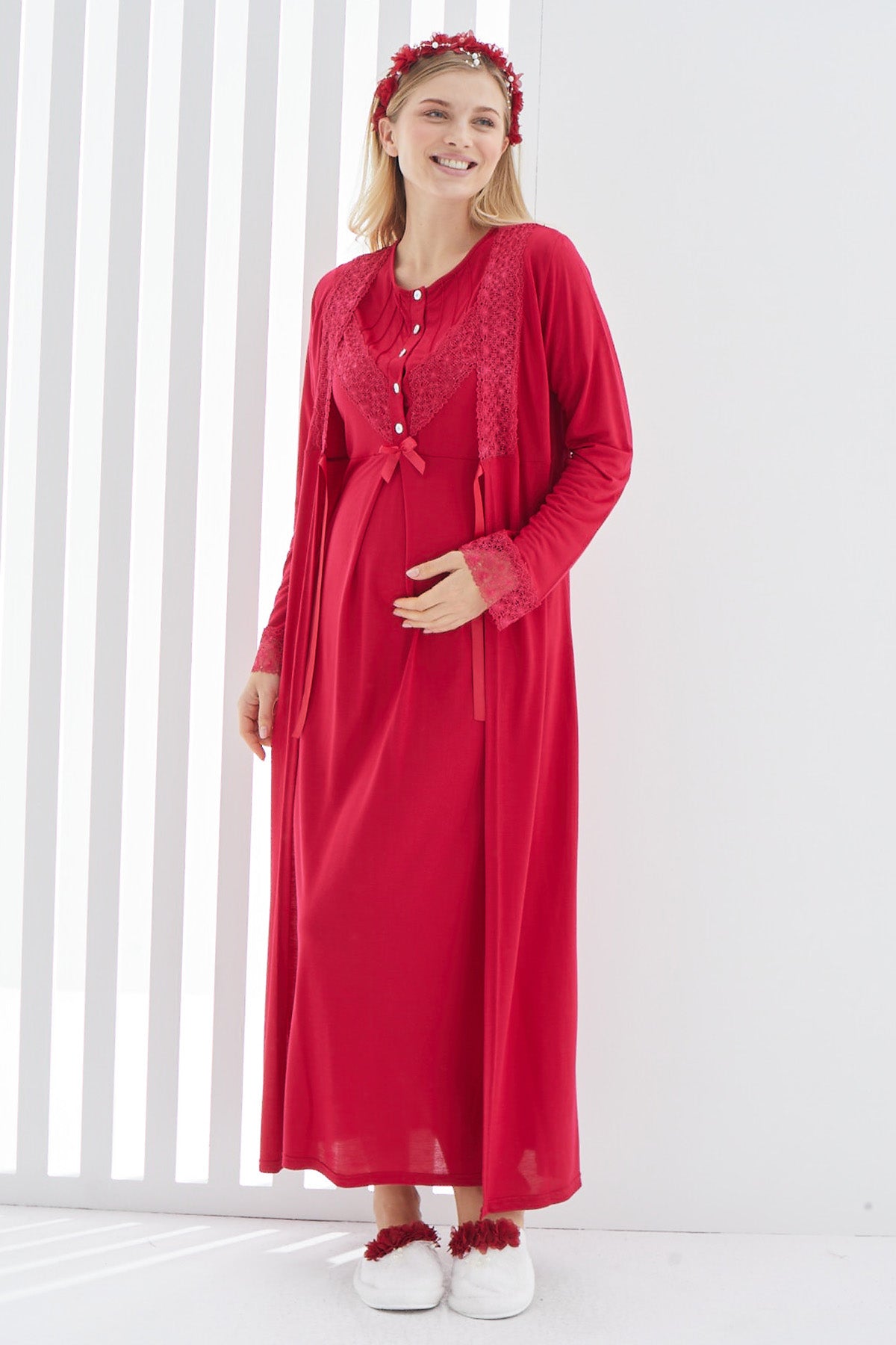 Shopymommy 2270 Lace Detailed Maternity & Nursing Nightgown With Robe Red