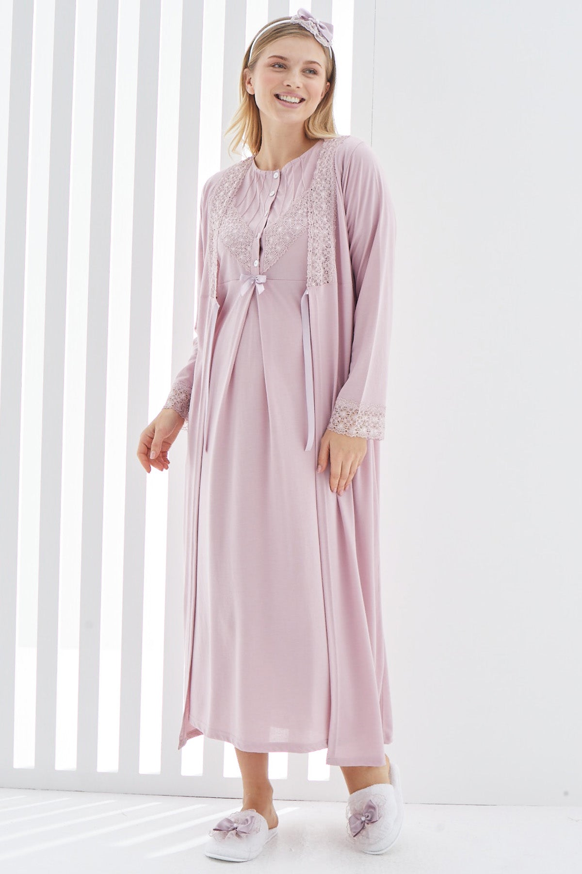 Shopymommy 2270 Lace Detailed Maternity & Nursing Nightgown With Robe Dried Rose