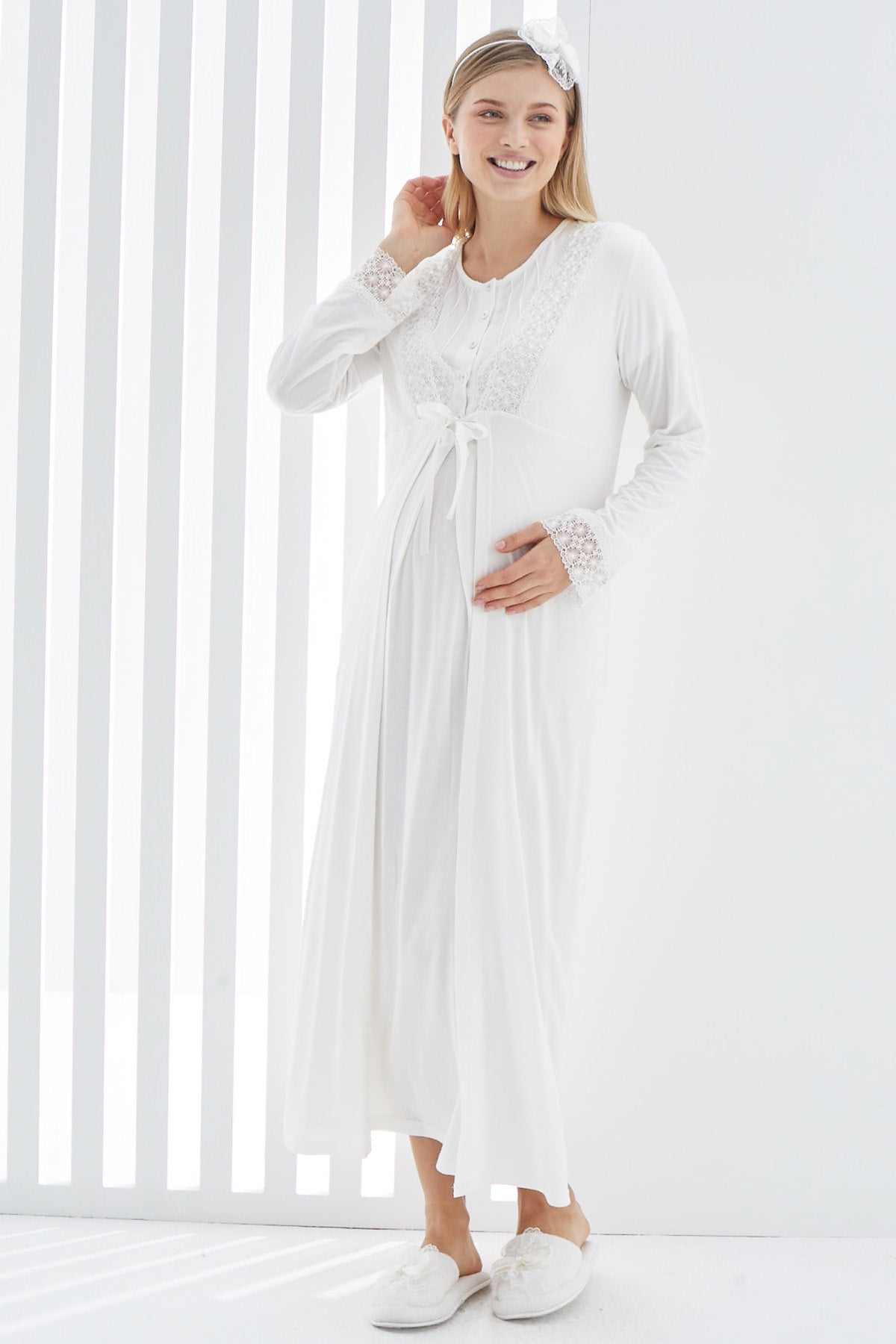 Shopymommy 2270 Lace Detailed Maternity & Nursing Nightgown With Robe Ecru