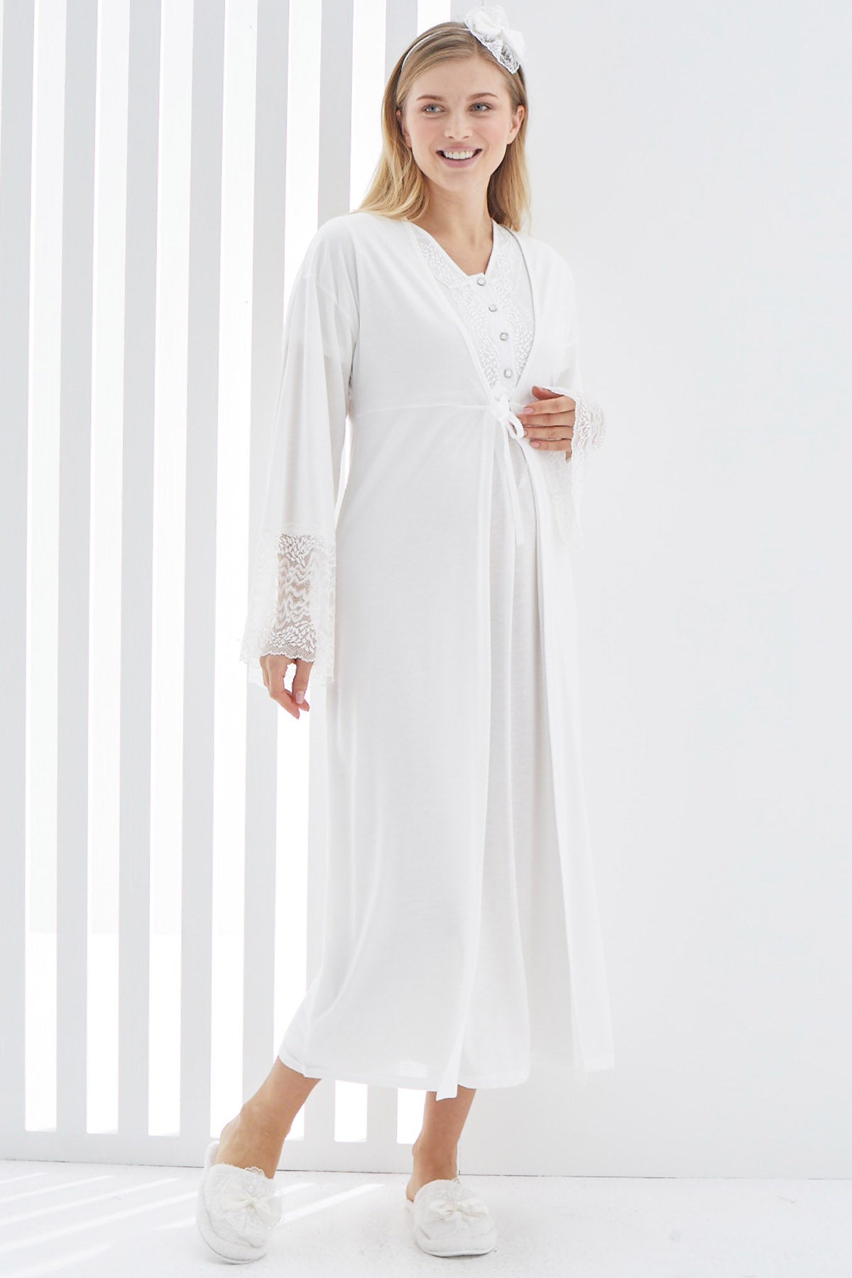 Shopymommy 2269 Maternity & Nursing Nightgown With Lace Flywheel Arm Robe Ecru