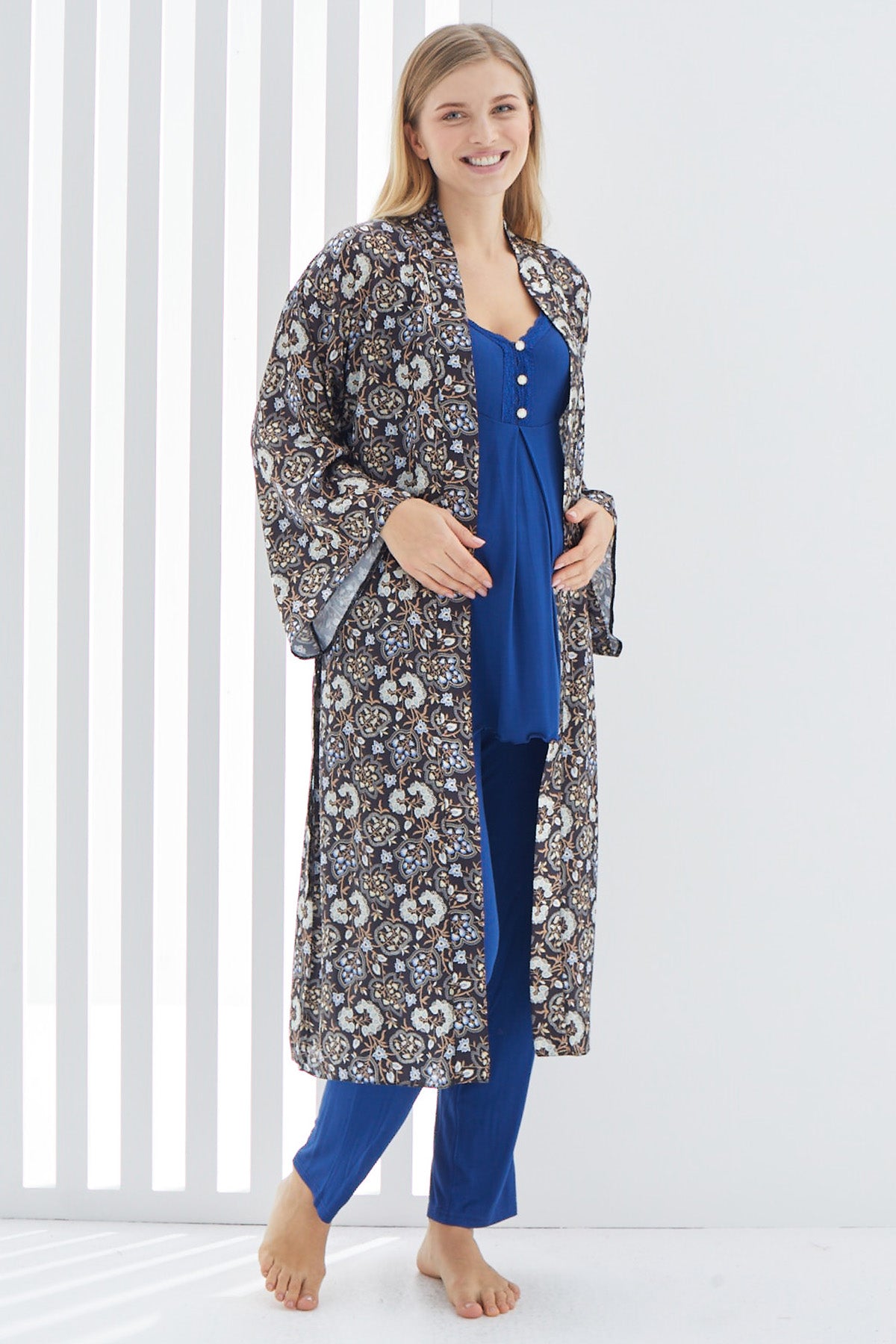 Shopymommy 3414 Lace 3-Pieces Maternity & Nursing Pajamas With Patterned Robe Navy Blue