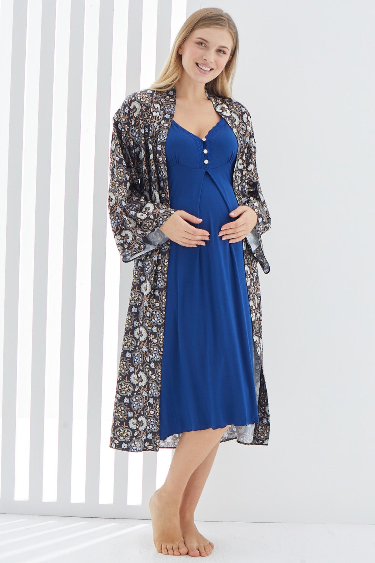 Shopymommy 2271 Lace Maternity & Nursing Nightgown With Patterned Robe Navy Blue