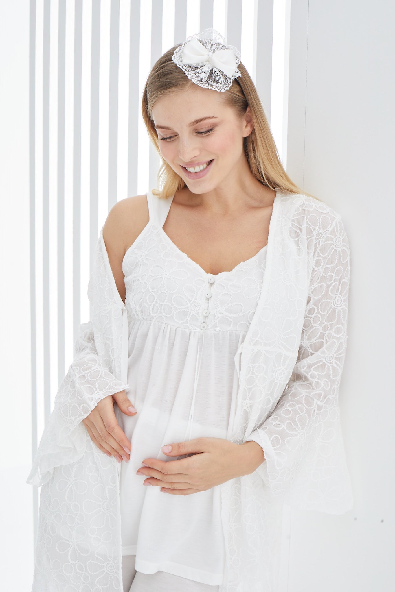 Shopymommy 3417 Lace Embroidered 3-Pieces Maternity & Nursing Pajamas With Flywheel Arm Robe Ecru