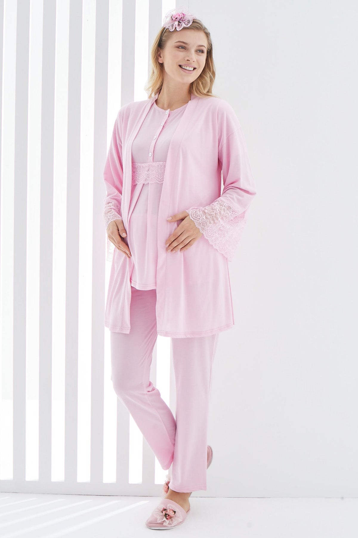 Shopymommy 3412 Lace 3-Pieces Maternity & Nursing Pajamas With Lace Flywheel Arm Robe Pink