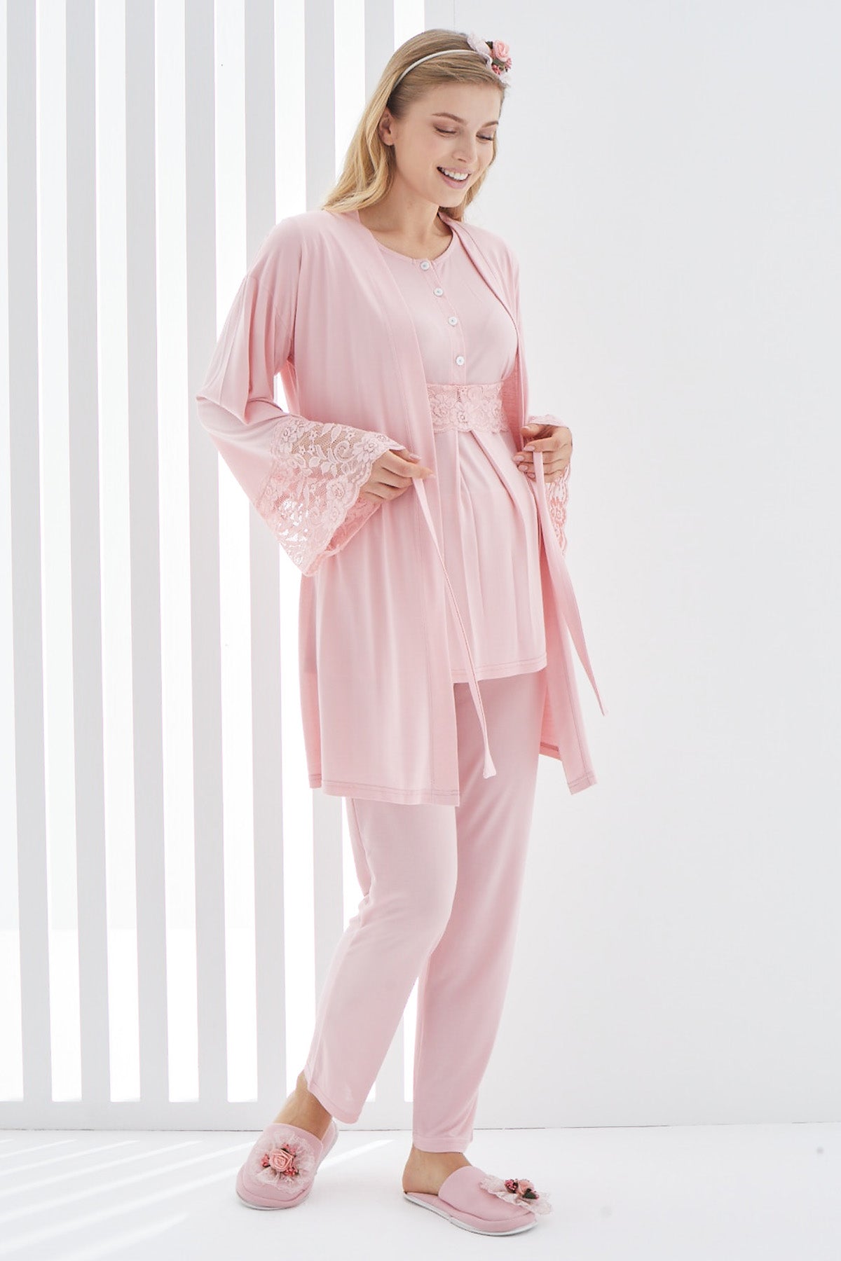 Shopymommy 3412 Lace 3-Pieces Maternity & Nursing Pajamas With Lace Flywheel Arm Robe Powder