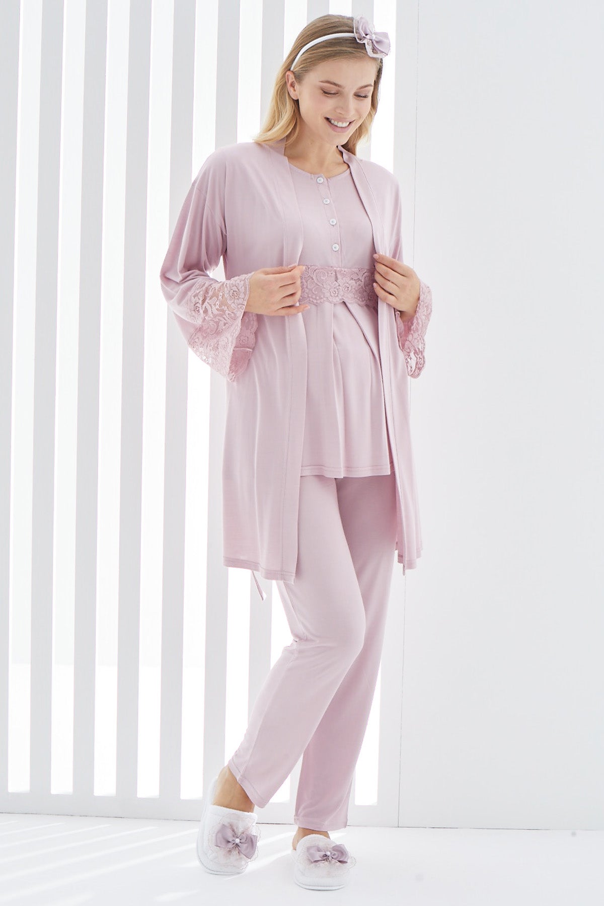 Shopymommy 3412 Lace 3-Pieces Maternity & Nursing Pajamas With Lace Flywheel Arm Robe Dried Rose