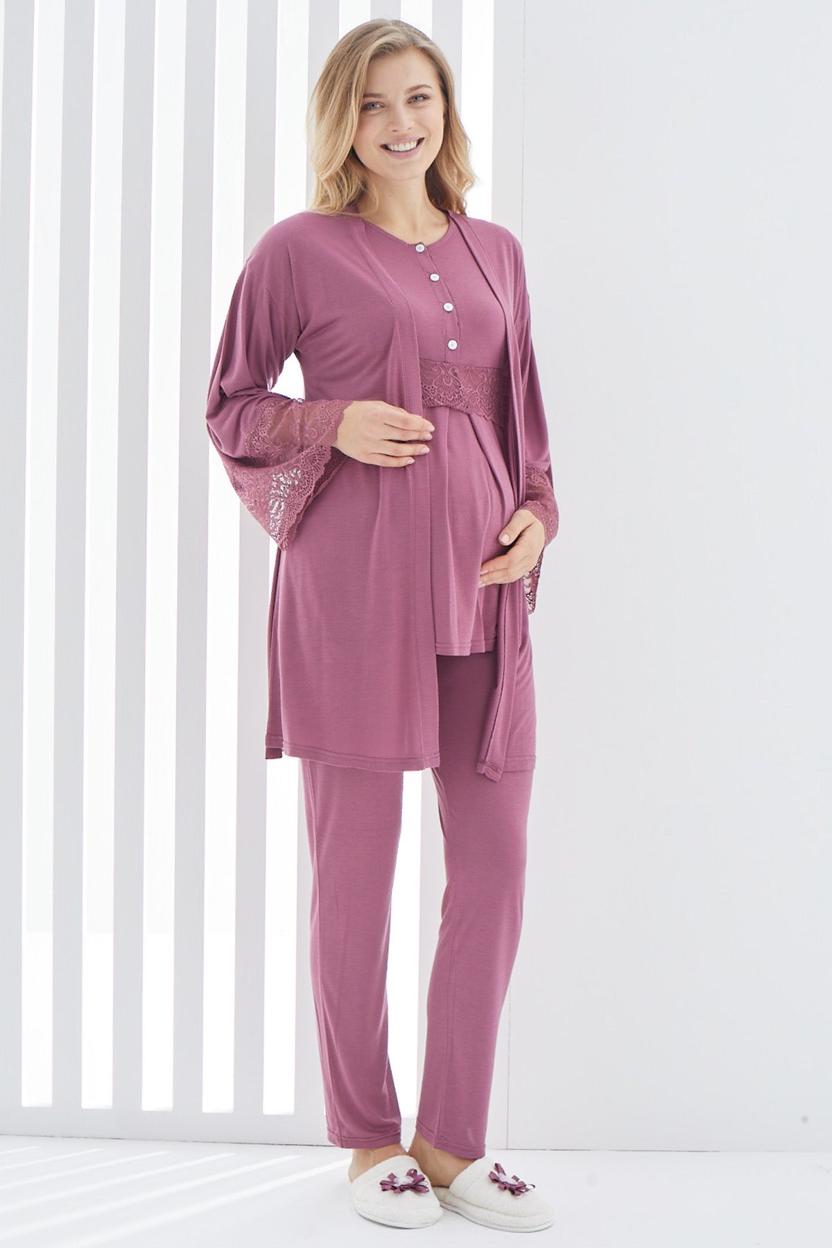 Shopymommy 3412 Lace 3-Pieces Maternity & Nursing Pajamas With Lace Flywheel Arm Robe Plum