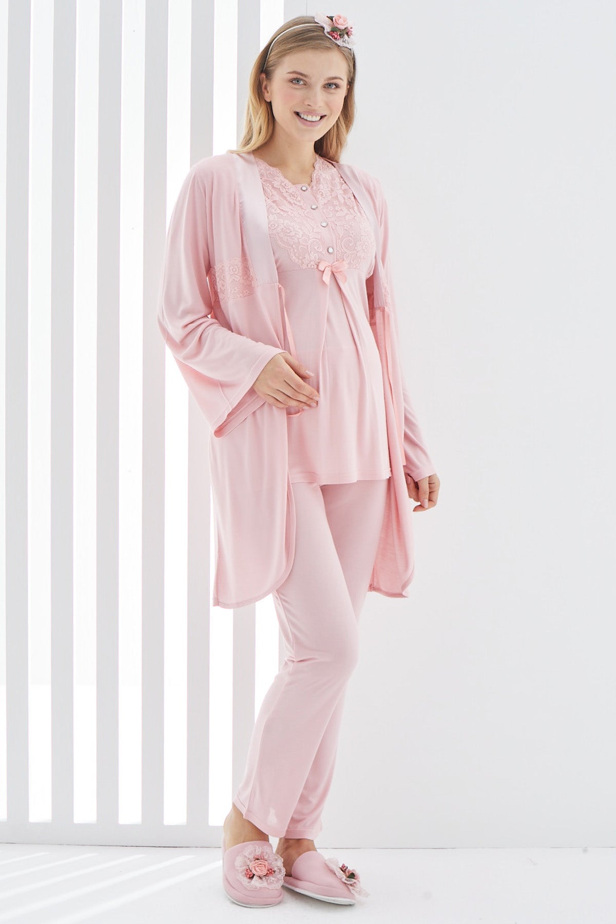 Shopymommy 3410 Lace Collar 3-Pieces Maternity & Nursing Pajamas With Robe Powder