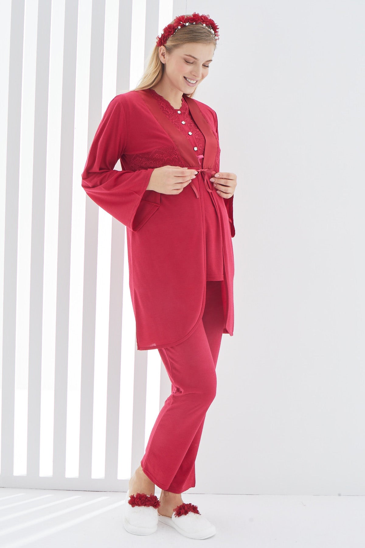Shopymommy 3410 Lace Collar 3-Pieces Maternity & Nursing Pajamas With Robe Red