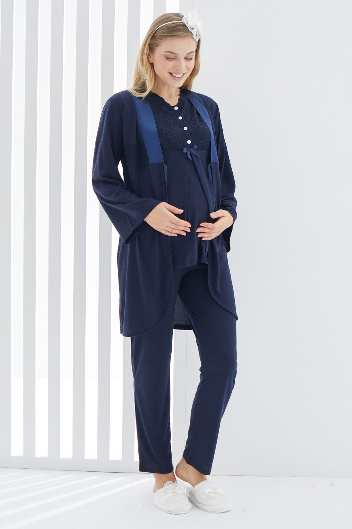 Shopymommy 3410 Lace Collar 3-Pieces Maternity & Nursing Pajamas With Robe Navy Blue