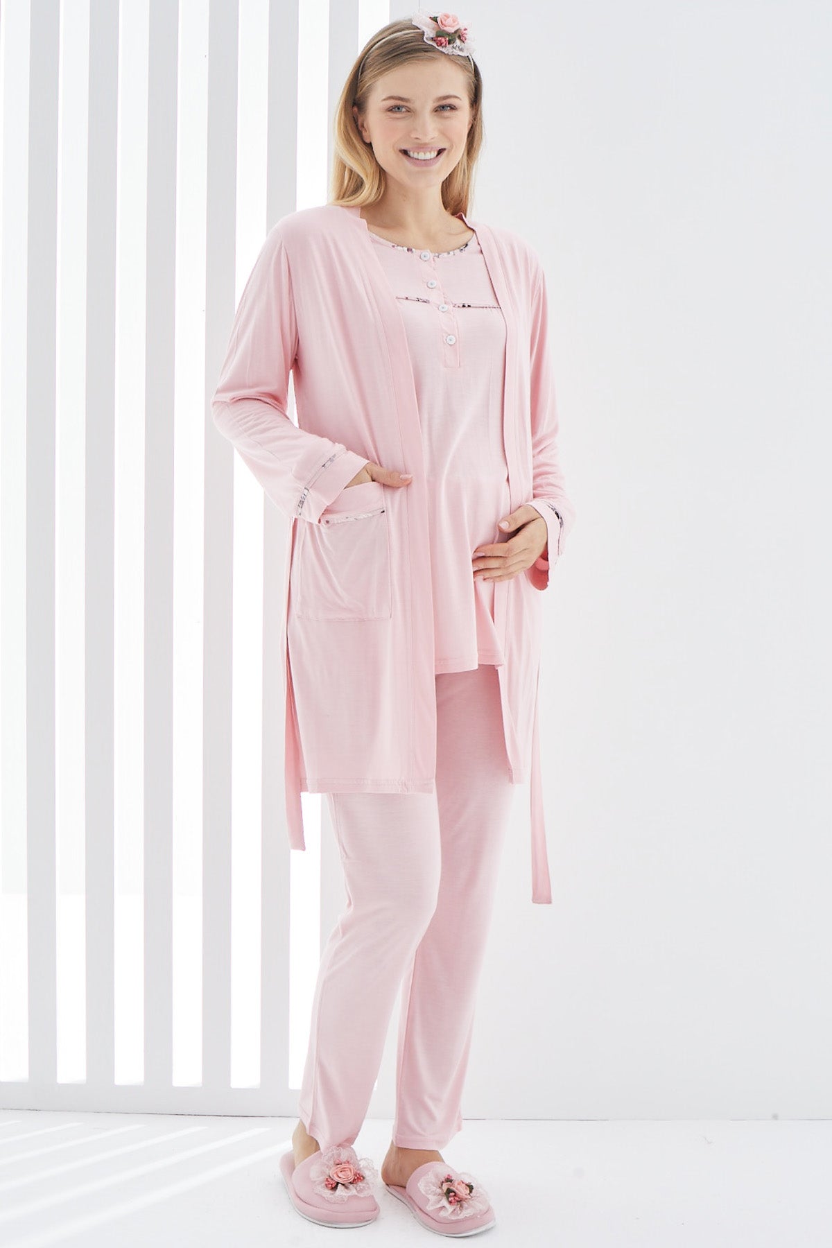 Shopymommy 3408 Stripe 3-Pieces Maternity & Nursing Pajamas With Robe Pink