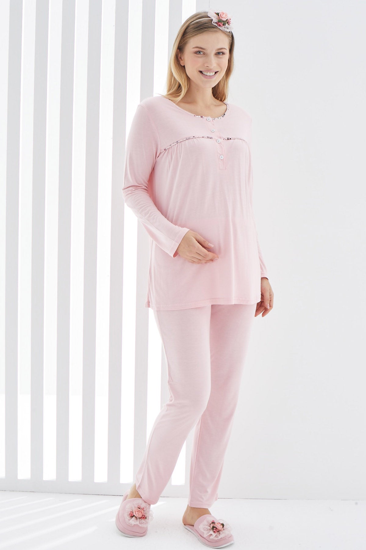 Shopymommy 1168 Stripe Maternity & Nursing Pajamas Pink