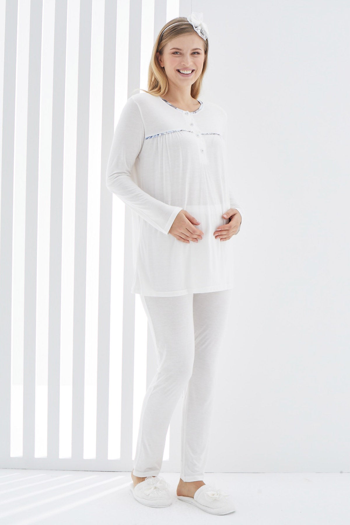 Shopymommy 1168 Stripe Maternity & Nursing Pajamas Ecru