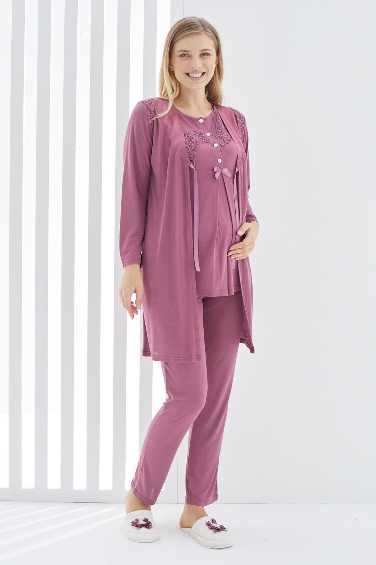 Shopymommy 3407 Guipure 3-Pieces Maternity & Nursing Pajamas With Robe Plum