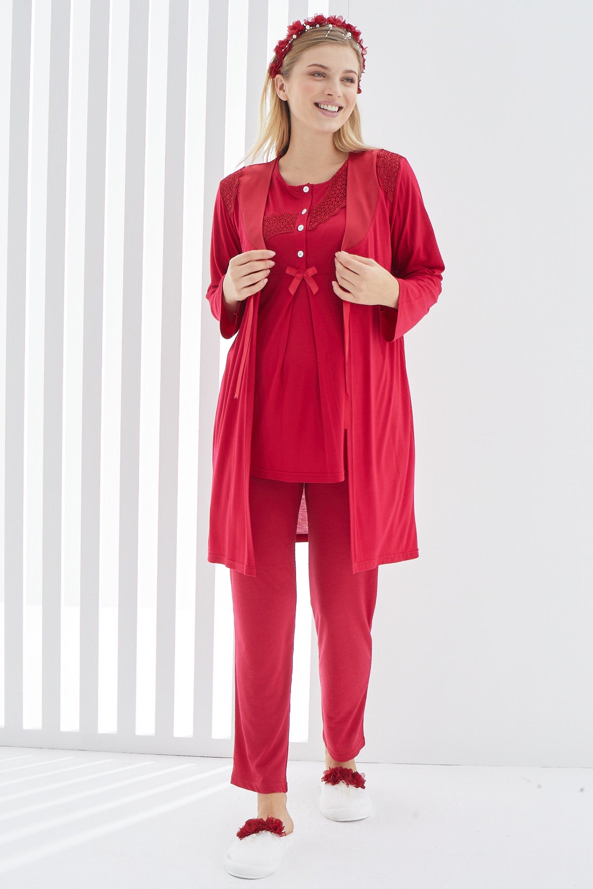 Shopymommy 3407 Guipure 3-Pieces Maternity & Nursing Pajamas With Robe Red