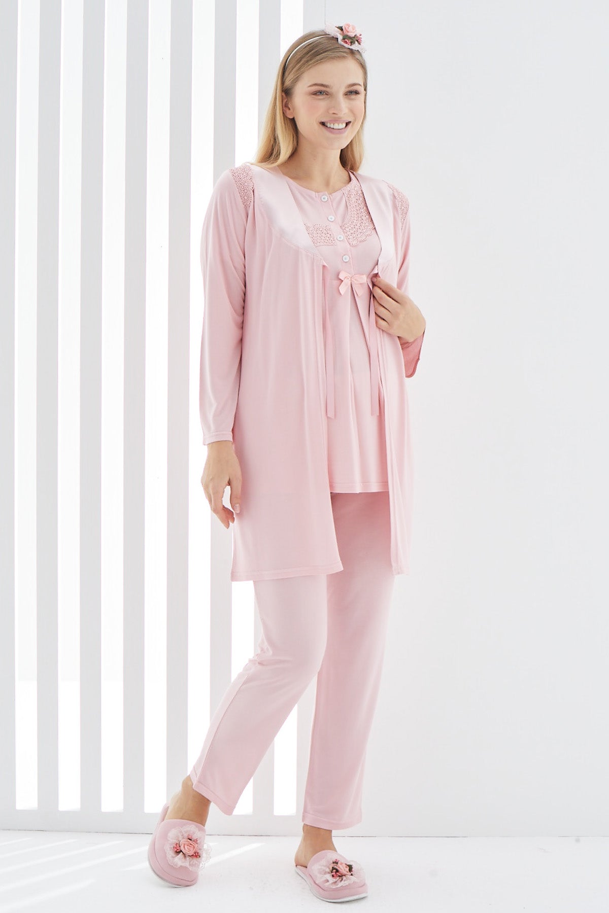 Shopymommy 3407 Guipure 3-Pieces Maternity & Nursing Pajamas With Robe Powder