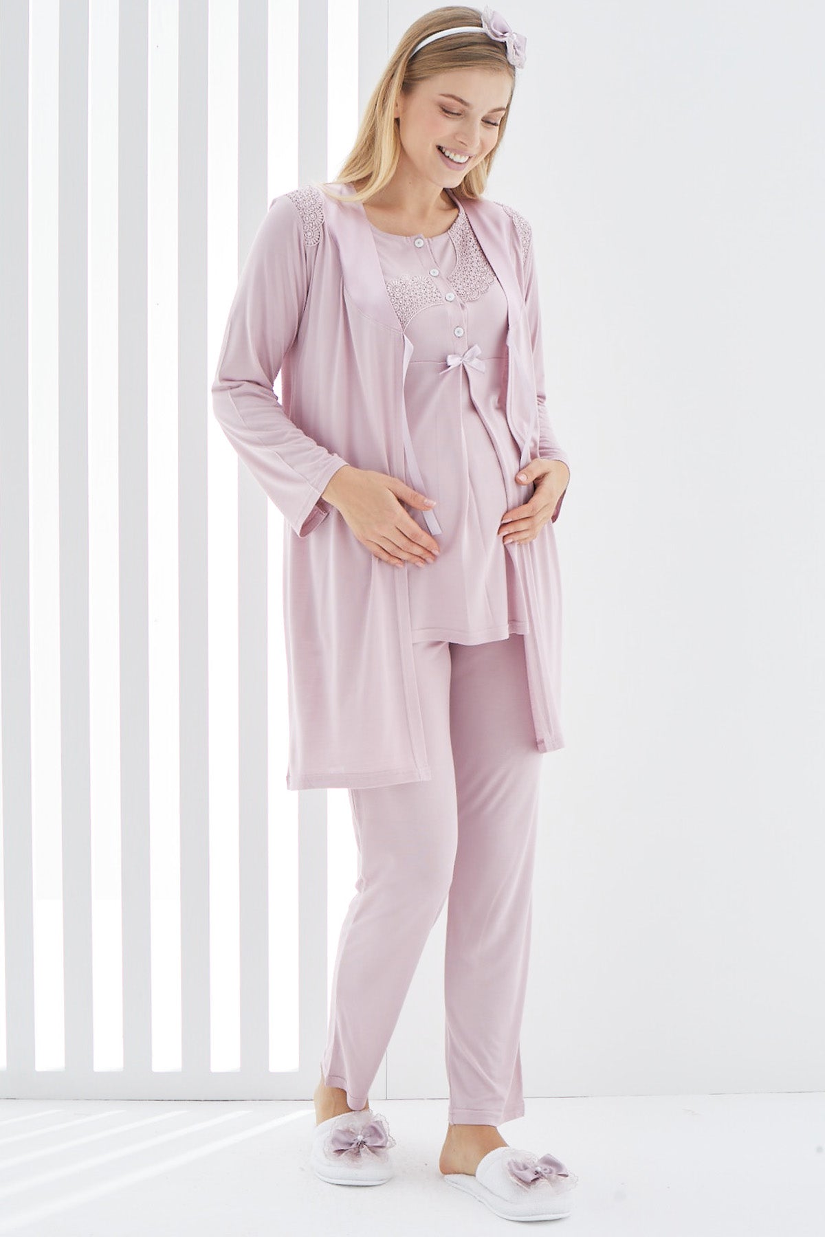 Shopymommy 3407 Guipure 3-Pieces Maternity & Nursing Pajamas With Robe Dried Rose