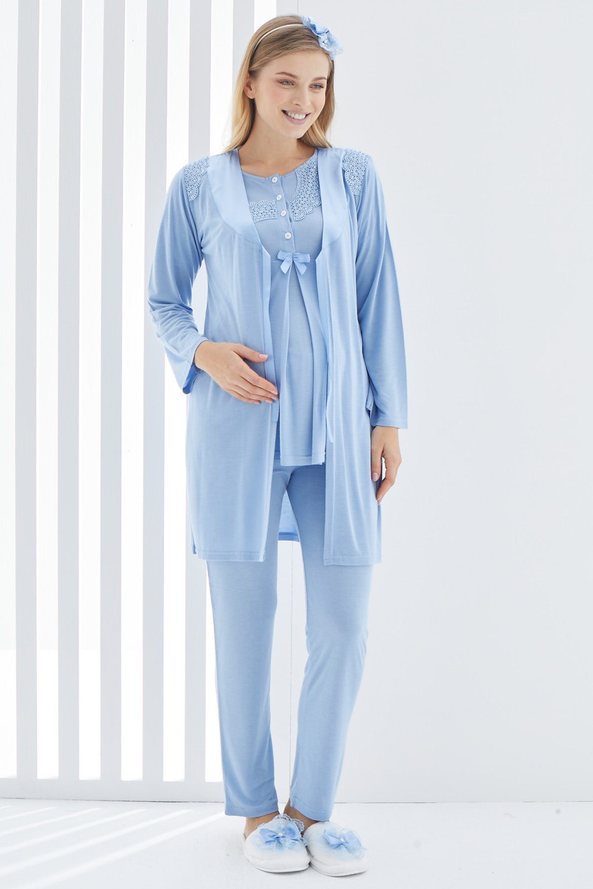 Shopymommy 3407 Guipure 3-Pieces Maternity & Nursing Pajamas With Robe Blue