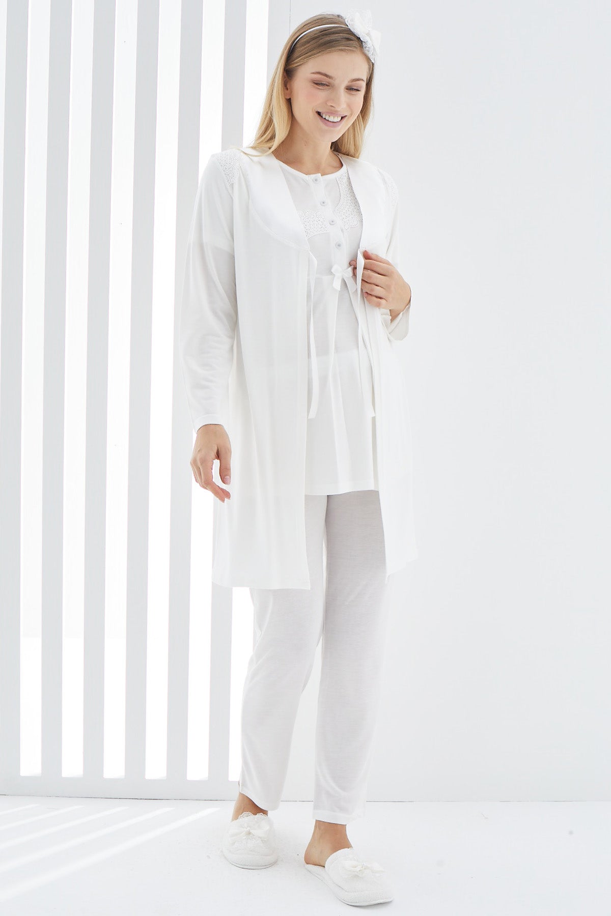 Shopymommy 3407 Guipure 3-Pieces Maternity & Nursing Pajamas With Robe Ecru
