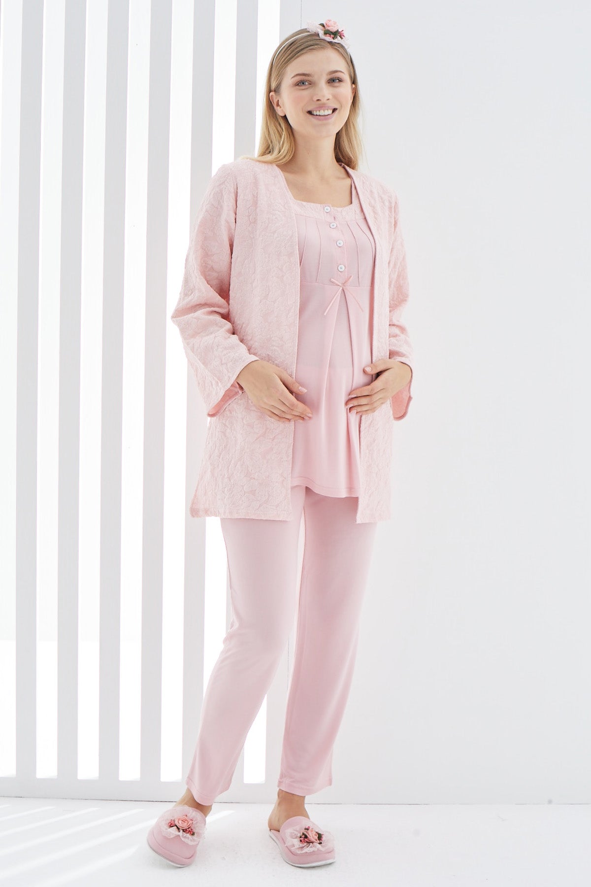 Shopymommy 3405 Lace 3-Pieces Maternity & Nursing Pajamas With Jacquard Robe Powder