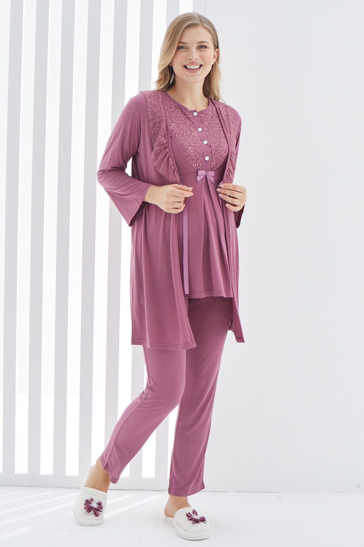 Shopymommy 3403 Guipure 3-Pieces Maternity & Nursing Pajamas With Lace Collar Robe Plum