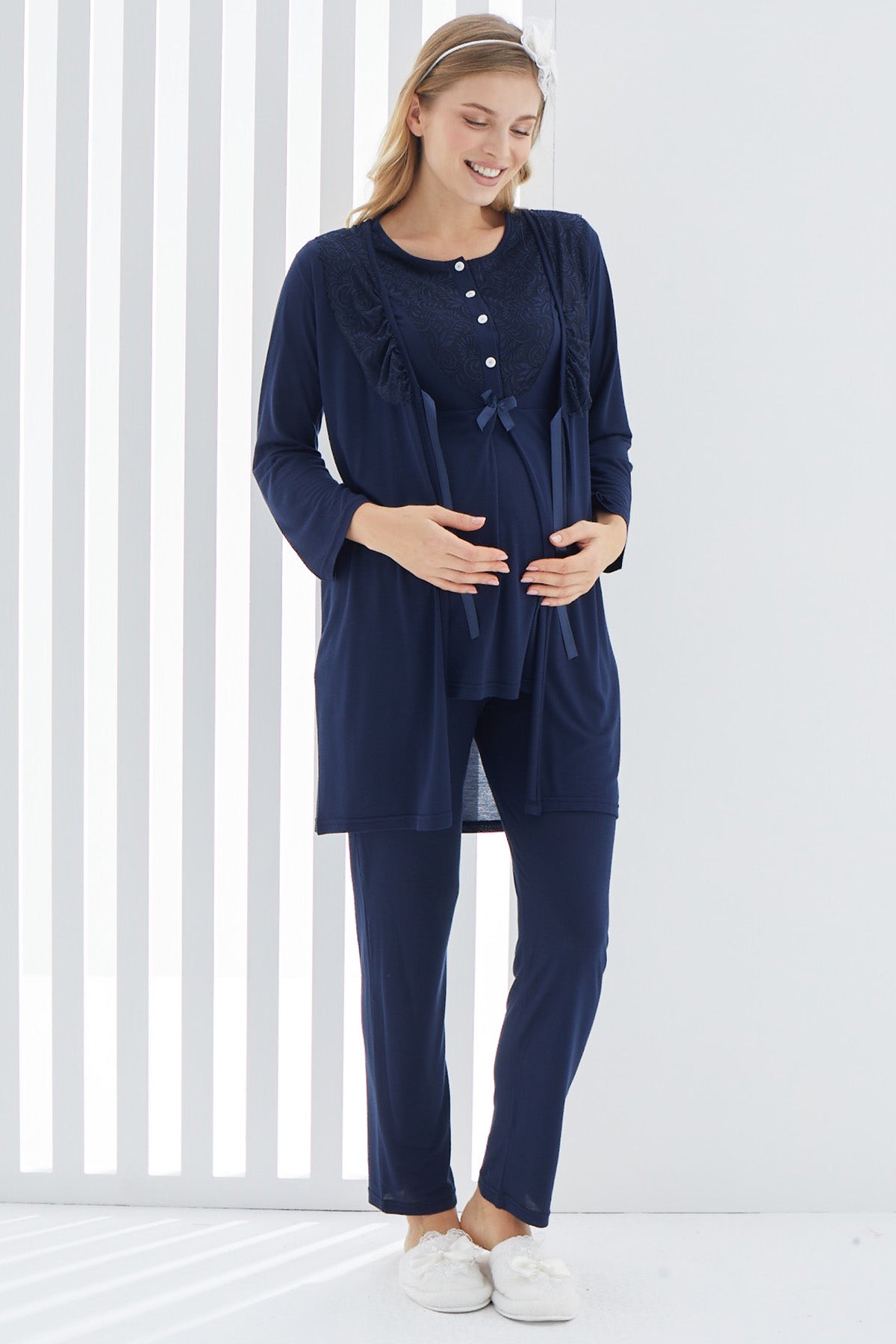 Shopymommy 3403 Guipure 3-Pieces Maternity & Nursing Pajamas With Lace Collar Robe Navy Blue