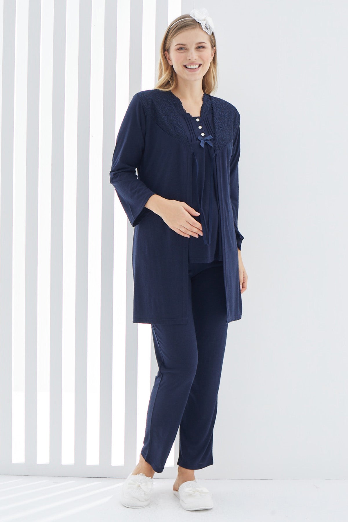 Shopymommy 3402 Lace 3-Pieces Maternity & Nursing Pajamas With Guipure Robe Navy Blue
