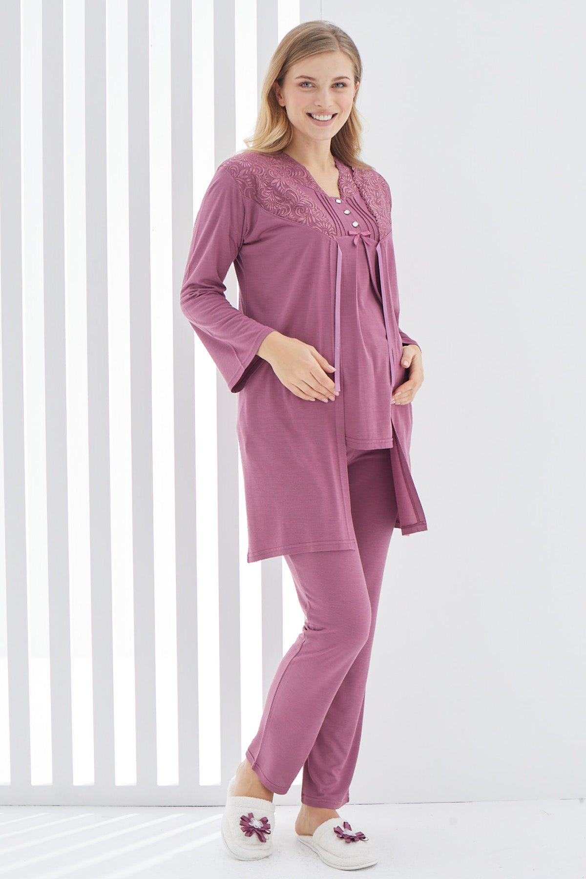 Shopymommy 3402 Lace 3-Pieces Maternity & Nursing Pajamas With Guipure Robe Plum