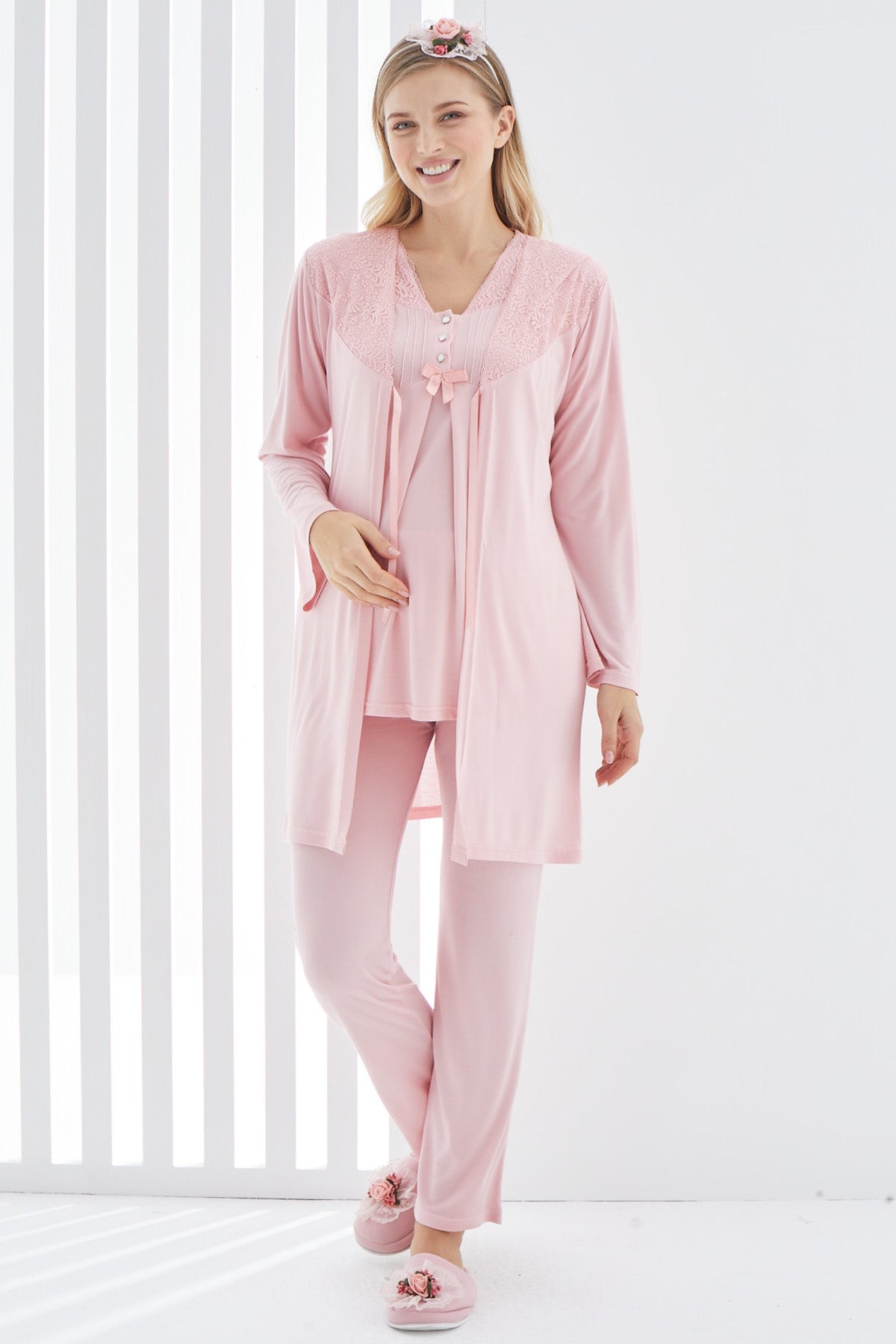 Shopymommy 3402 Lace 3-Pieces Maternity & Nursing Pajamas With Guipure Robe Powder