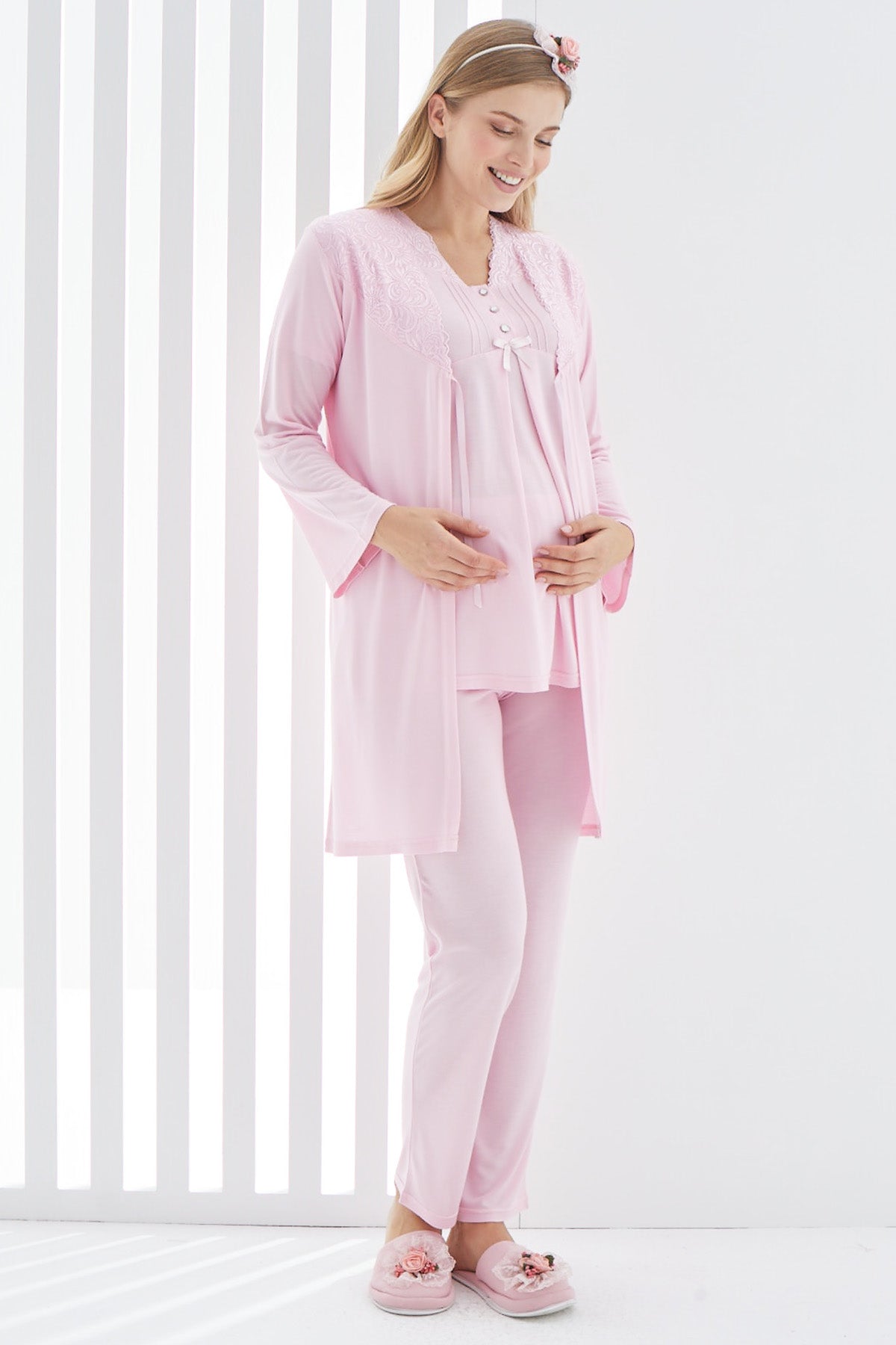 Shopymommy 3402 Lace 3-Pieces Maternity & Nursing Pajamas With Guipure Robe Pink