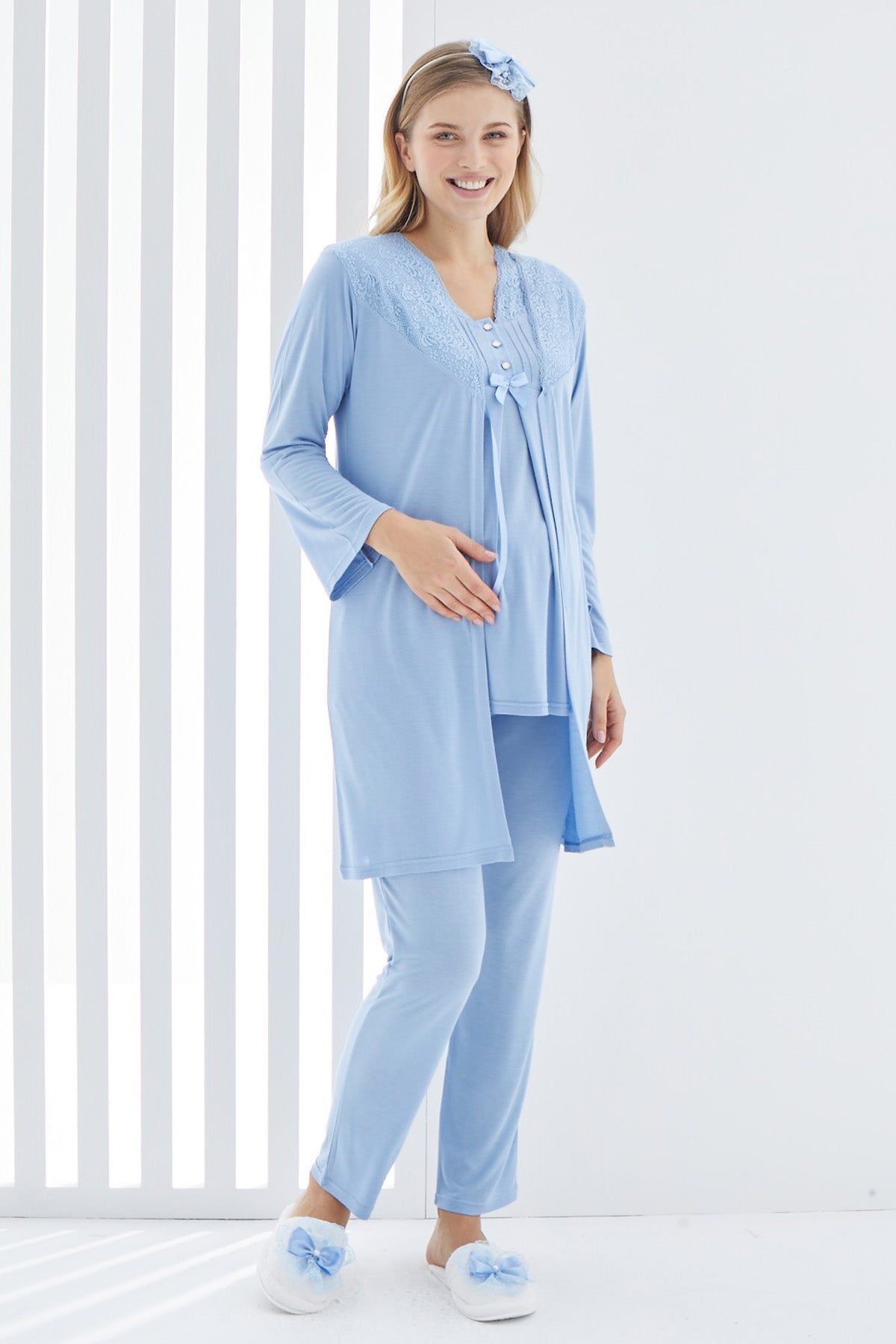 Shopymommy 3402 Lace 3-Pieces Maternity & Nursing Pajamas With Guipure Robe Blue
